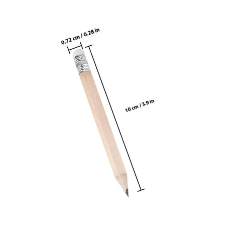60 Pcs Mini Wooden Pencils With HB Graphite And White Erasers, Short Writing Pencils For School, shown with measurements