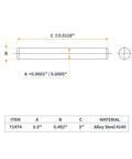 Technical diagram of Hardened Steel Dowel Pins 1/2 Inch Heat Treated Precision Alignment Pins, 4 Pack; 3-inch length, 0.5-inch diameter.