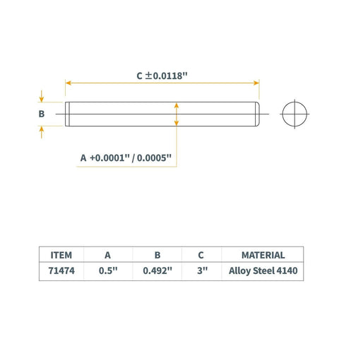 Technical diagram of Hardened Steel Dowel Pins 1/2 Inch Heat Treated Precision Alignment Pins, 4 Pack; 3-inch length, 0.5-inch diameter.