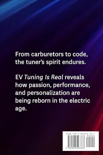 Book cover: EV Tuning Is Real by Amazon, back cover with white text on blue-purple gradient and barcode