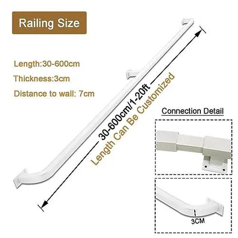 Custom Length Wall Mounted Galvanized Stair Railing Heavy Duty Non Slip Metal Banister Grip Tight Safety Grab Bar Built Tough As Nails For Indoor Outdoor Steps That Rock dimensions of railing 30-600cm length, 3cm thickness, 7cm distance from wall.