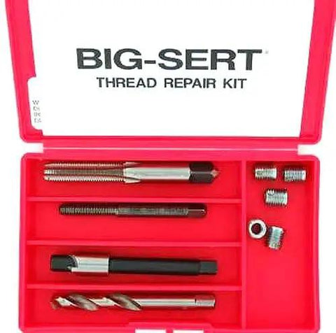 M6 X 1.00 Oversize Thread Repair Kit For Auto Repairs in red case with heavy wall bushings, drill, tap, driver, and steel inserts.