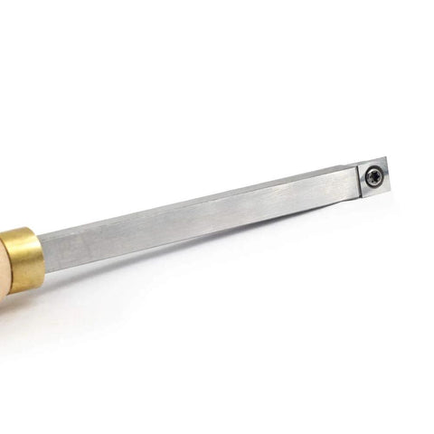 YUFUTOL mini carbide woodturning tool with wooden handle, brass ferrule, and carbide tip at the blade end.