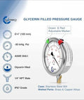 Front view of CARBO 4-inch glycerin-filled pressure gauge with stainless steel case and brass 1/4-inch NPT lower mount.