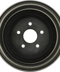 Front view of a black metal rear brake drum with five lug holes and central hub bore
