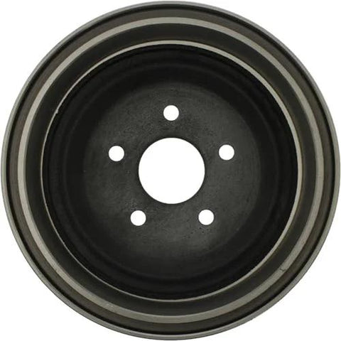 Front view of a black metal rear brake drum with five lug holes and central hub bore
