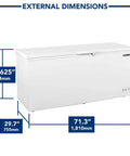 Heavy Duty Commercial Chest Freezer That Runs On Beast Mode Keeping Food Dead Cold Even When The Hinged Lid Stays Open external dimensions 33.625 inches by 29.7 inches by 71.3 inches in bright white.