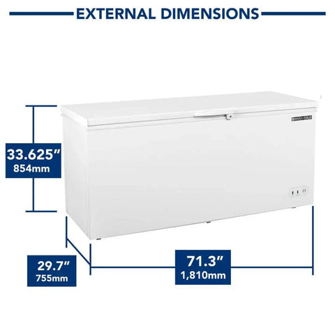 Heavy Duty Commercial Chest Freezer That Runs On Beast Mode Keeping Food Dead Cold Even When The Hinged Lid Stays Open external dimensions 33.625 inches by 29.7 inches by 71.3 inches in bright white.