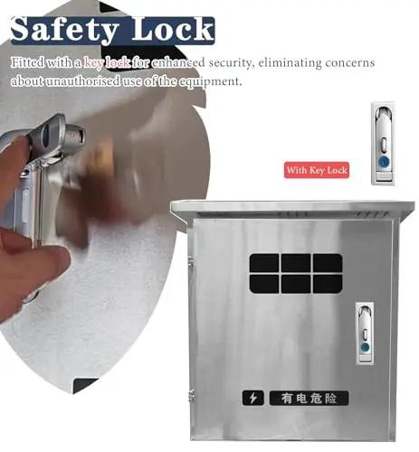 Tough As Nails Rock Solid Waterproof Stainless Steel EV Charger Box Cover With Key Lock close-up of secure key lock mechanism.