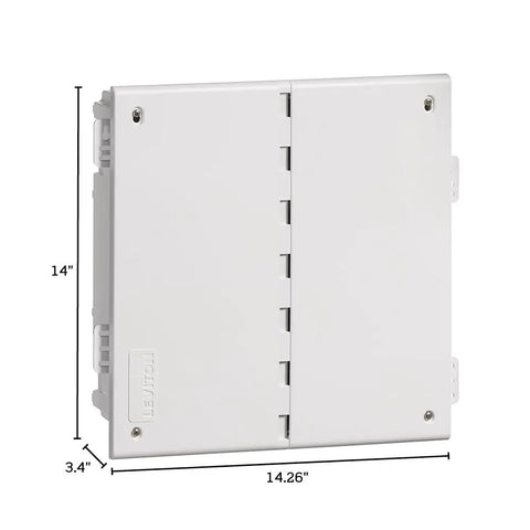 14 Inch Wireless Structured Media Center Enclosure with vented cover side view, ABS material, showing size dimensions, Leviton compatible