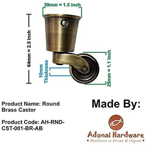 Solid Brass Round Casters Four Pack Antique Brass Finish Heavy Duty Rollers showing 1.5 inch round caster with dimensions.