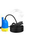 Badass 12V Self Priming Submersible Water Pump With Hose Kit, blue pump with black and clear hoses for heavy duty drainage applications.