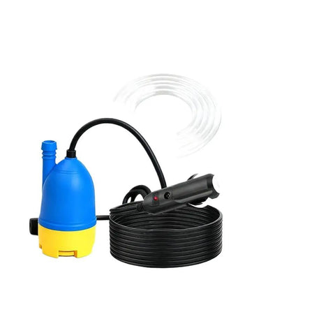Badass 12V Self Priming Submersible Water Pump With Hose Kit, blue pump with black and clear hoses for heavy duty drainage applications.