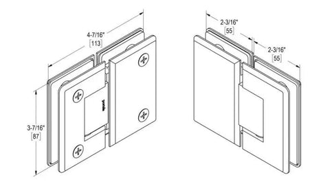 Diagram of Oceana Standard Duty Glass to Glass Hinge 180 Degree Self Closing for Three Eighth or One Half Inch Glass, Polished Chrome Finish.