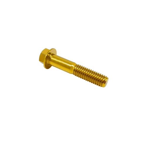Gold finish titanium flange hex head bolt, size M6x1.0x65mm, aerospace grade 5 GR5 Ti6Al4V, for motorcycle and car mods, close-up view.