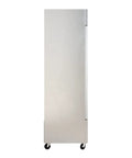 Heavy Duty Commercial Reach In Freezer 29 Inch Single Door Stainless Steel Cabinet, side view on wheels for easy mobility.