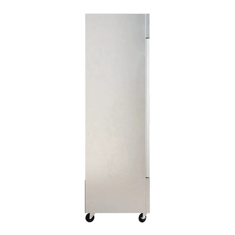 Heavy Duty Commercial Reach In Freezer 29 Inch Single Door Stainless Steel Cabinet, side view on wheels for easy mobility.