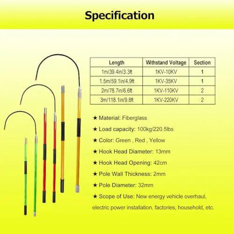 Top Shelf Fiberglass Insulated Rescue Hook For High Voltage Electricians No Nonsense Life Saving Pole With Telescopic Shaft For Cable Line Maintenance And Tower Work specifications and sizes detailed.