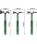 Three Piece Auto Body Hammer Set For Dent Repair And Sheet Metal Shaping Including Flat Face Pointed Pick And Square Face Hammers For Garage Or Shop Use Panel Alignment Contour Adjustment Vehicle Restoration Pro Grade Beefy Tools displayed with dimensions