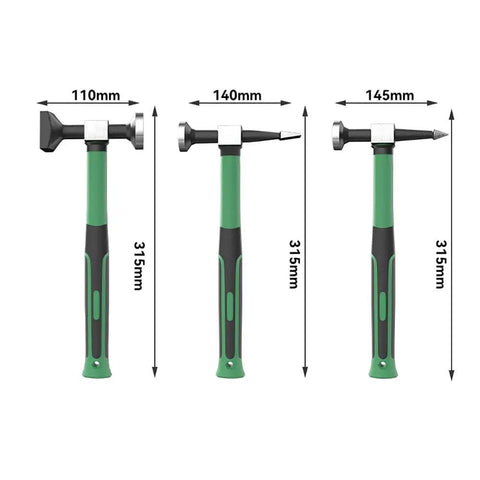 Three Piece Auto Body Hammer Set For Dent Repair And Sheet Metal Shaping Including Flat Face Pointed Pick And Square Face Hammers For Garage Or Shop Use Panel Alignment Contour Adjustment Vehicle Restoration Pro Grade Beefy Tools displayed with dimensions