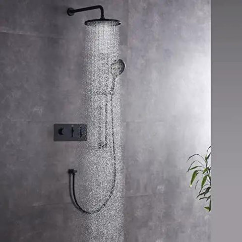 Premium Wall Mounted Shower System Complete Bathroom Faucet Kit Featuring Rain Head And Handheld Sprayer with water flow.