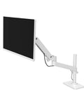 Legit Workspace Flex White High Pole Desktop Monitor Stand Featuring Smooth Robotic Lifting Arm with sleek design and adjustable height.