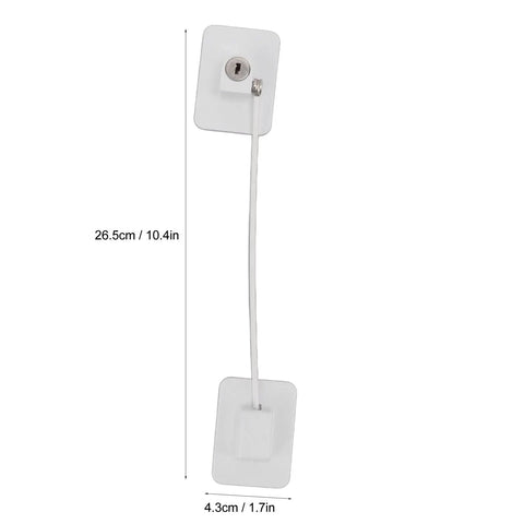 Fridge Lock With No Drill Adhesive Install, Kidproof White ABS And Stainless Steel Refrigerator Lock shown with measurements