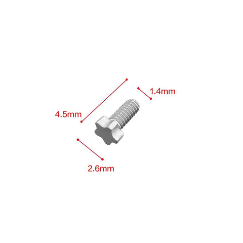 Replacement Gray 316L Stainless Steel Watch Case Screws, Head 2.5mm, Length 4.5mm, End 1.4mm, 4-Pack, with dimensions
