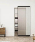 40 In X 84 In Full Lite Frosted Glass Black Steel Frame Interior Sliding Barn Door With Hidden Track System And Hardware Kit, Soft Close