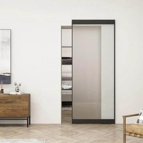 40 In X 84 In Full Lite Frosted Glass Black Steel Frame Interior Sliding Barn Door With Hidden Track System And Hardware Kit, Soft Close