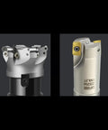 Two types of CNC lathe tool inserts, one silver and one gold, showing precision machining design details.