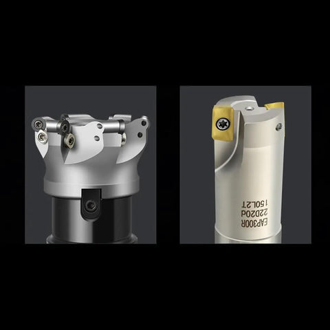 Two types of CNC lathe tool inserts, one silver and one gold, showing precision machining design details.