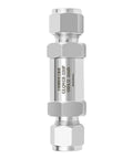 Front view of a 304 stainless steel compression union filter valve with 1/4 in fittings for high-purity gas tubing