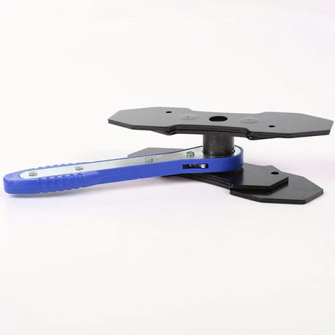 G-PLUS 360° brake caliper press tool with blue handle and black plates, side view