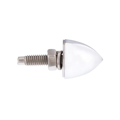 Side view of chrome bullet license plate fastener, 1 inch stud M6 x 1.0 threads, silver finish, part of four pack for standard plates.