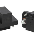 Heavy Duty 200 Amp DC Starter Relay And Rock Solid Master Switch Built Tough For Electric Vehicles Industrial Forklifts And Battery Banks 12 Volt 24 Volt, black plastic relay with terminals.