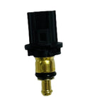 Front view of coolant temperature sensor with black plastic connector and brass probe.