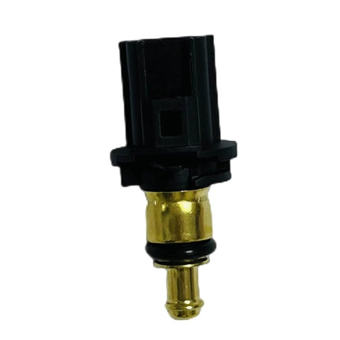Front view of coolant temperature sensor with black plastic connector and brass probe.