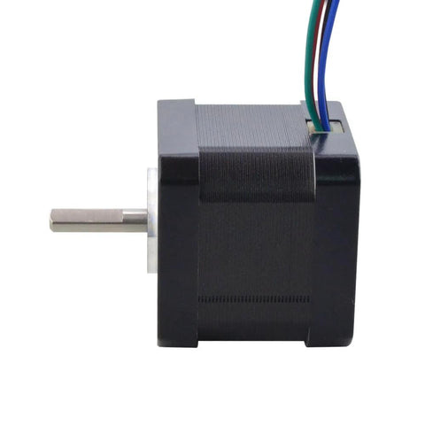 Side view of NEMA 17 stepper motor, black housing, 42x42x39mm, 4-wire leads