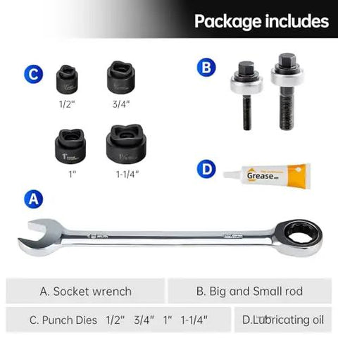 Heavy Duty Knockout Hole Punch Kit For Electrical Conduit 1/2 Inch 3/4 Inch 1 Inch 1-1/4 Inch With Wrench and Accessories