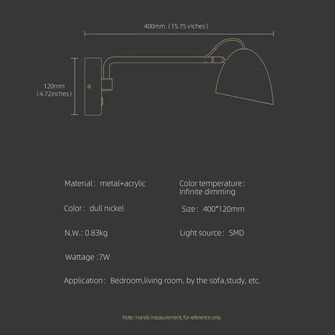Diagram of Swing Arm Wall Sconce With Touch Control Dimmable 10 To 100 Percent And 3 Color Temperatures 3000K 4500K 6000K Aluminum Brushed Nickel LED Reading Wall Lamp Hard Wired For Living Room And Bedroom with dimensions and materials.