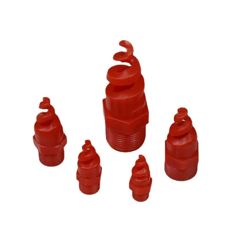 10 Pack Insane Dust Control Spiral Cone Nozzles PP Polypropylene Atomizing Sprayers in various sizes, red color.