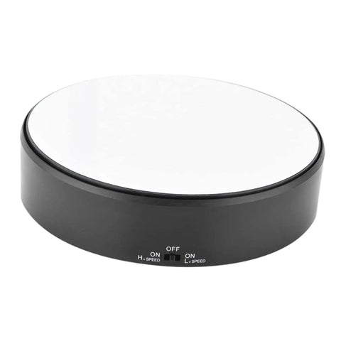 F&Y 360 Degree Electric Rotating Mirror Display Stand With Flexible Speed Turntable For Jewelry Product Photography showcasing a black motorized platform.