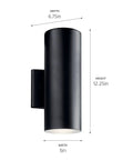 Textured Black 12 Inch Outdoor Wall Sconce Cylinder Exterior LED Light 1 Light Front Porch Fixture in side profile