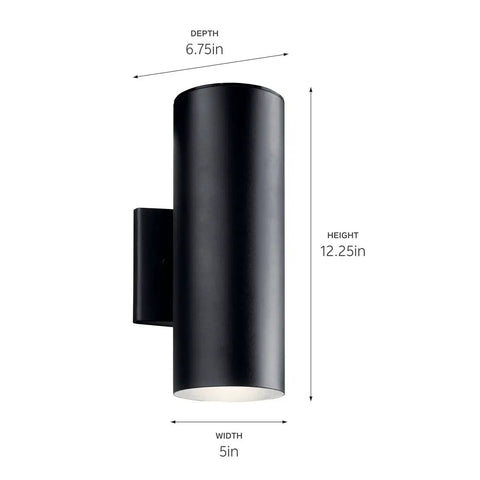 Textured Black 12 Inch Outdoor Wall Sconce Cylinder Exterior LED Light 1 Light Front Porch Fixture in side profile