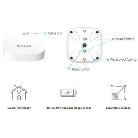 Water Sensor Add On for DCH-S1621KT, Long Range Battery Powered, Wi Fi Enabled Home Monitoring With App Alerts, top view showing components