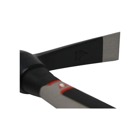 Close-up of Digger Pickaxe with Carbon Fiber Handle 450 G Forged Steel Head Tempered for Durability, showing blade and handle connection.