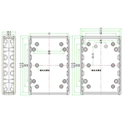 Technical drawing of Desktop Instrument Box Enclosure Made From Tough ABS Plastic For DIY Electronics Control Panels DIY Friendly Junction Box 77 X 111.5 X 25.5 mm.