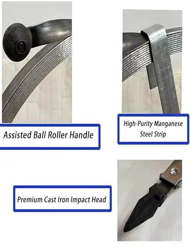 Heavy Duty Steel Drain Snake Strip Five Centimeters Wide Sixty Five Feet Long For Stubborn Sewer Clogs Clearing main lines shown with assisted ball roller handle and cast iron impact head.