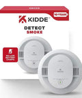 Rock Solid Ten Year Battery Powered Smoke Detector With Photoelectric Sensor For Home Safety And Fire Alert System Built Tough With Foolproof Operation And No Sweat Setup in white with packaging